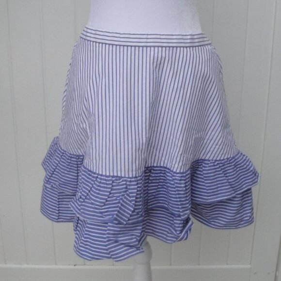 J. Crew Skirt Women's Mini Ruffle Black Label Size 2 Blue-White Striped Ruffles - Picture 4 of 7